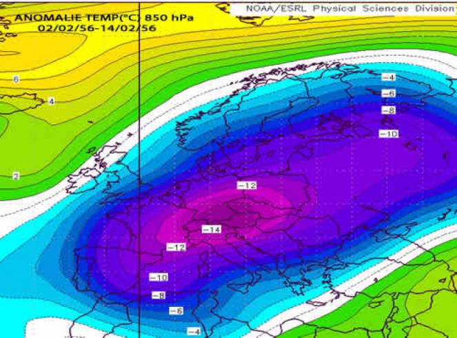 Anomalie di temperatura a 850hPa nel Febbraio 1956