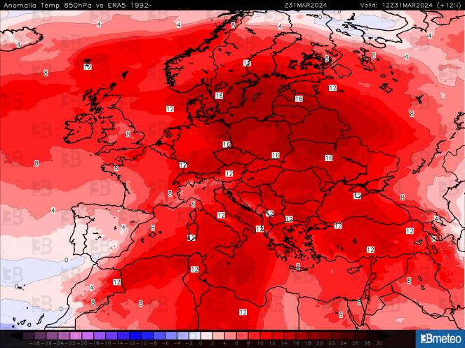 Anomalie di temperatura a 850hPa sull'Europa
