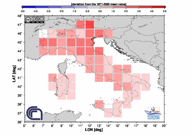 Anomalie di temperatura a Dicembre 2014 in Italia (fonte Isac-Cnr)