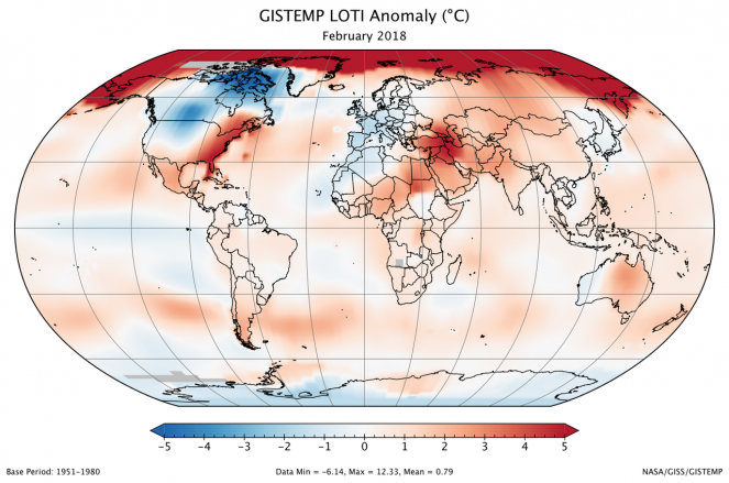 Anomalie di temperatura a Febbraio 2018 rispetto alla media 1951-1980 (fonte NASA-GISS)