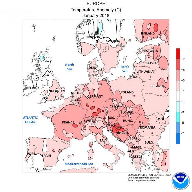 Anomalie di temperatura a Gennaio 2018 in Europa (fonte NOAA)