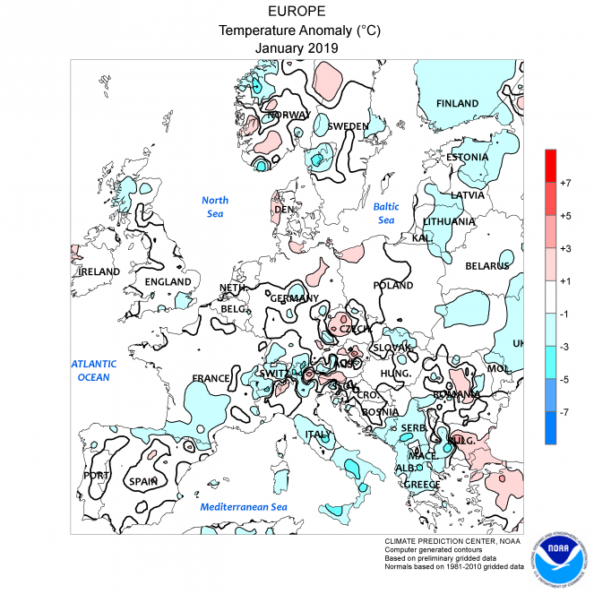 Anomalie di temperatura a Gennaio 2019 in Europa (fonte NOAA)