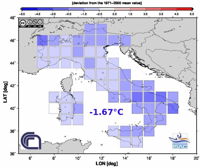 Anomalie di temperatura a Gennaio in Italia (fonte Isac-Cnr)