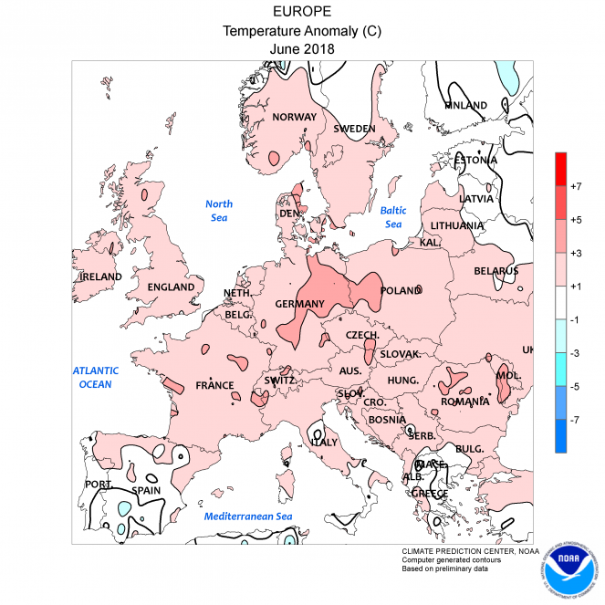 Anomalie di temperatura a Giugno 2018 in Europa (fonte NOAA)