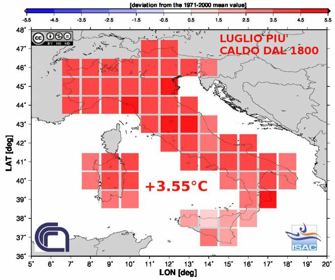 Anomalie di temperatura a Luglio 2015 (fonte ISAC-CNR)