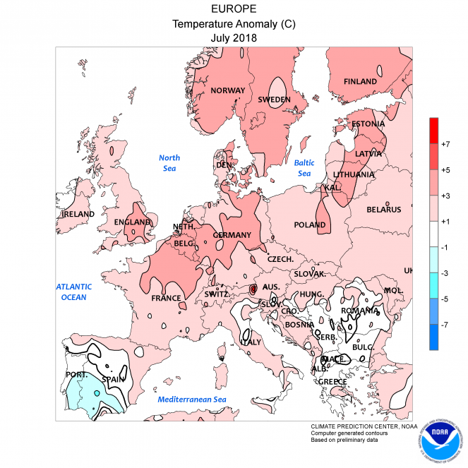 Anomalie di temperatura a Luglio 2018 (fonte NOAA)