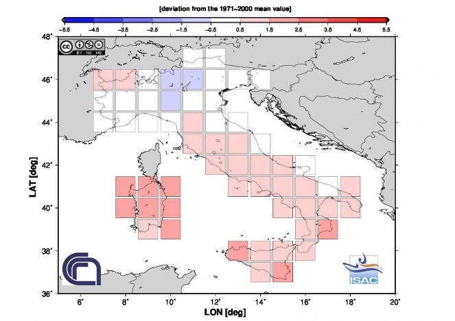 Anomalie di temperatura a Ottobre 2016 in Italia (fonte Isac-Cnr)