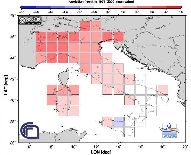 Anomalie di temperatura a Settembre 2016 in Italia (fonte Isac-Cnr)