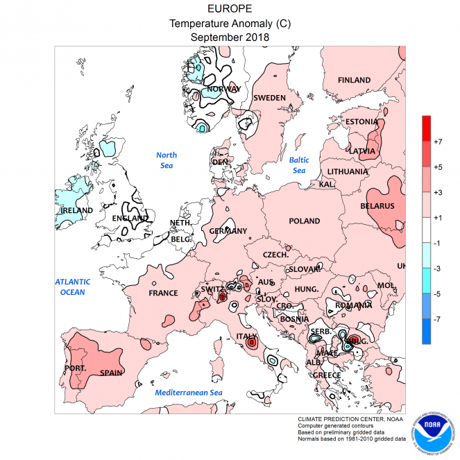 Anomalie di temperatura a Settembre in Europa (fonte NOAA)