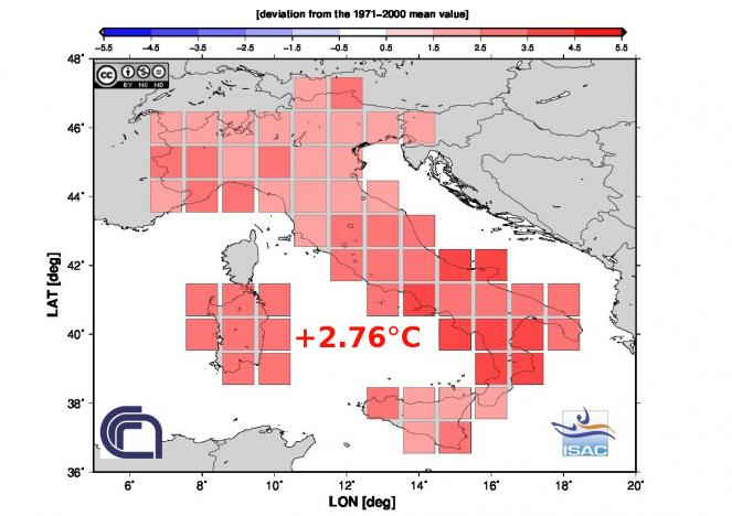 Anomalie di temperatura ad Aprile 2016 in Italia (fonte Isac-Cnr)