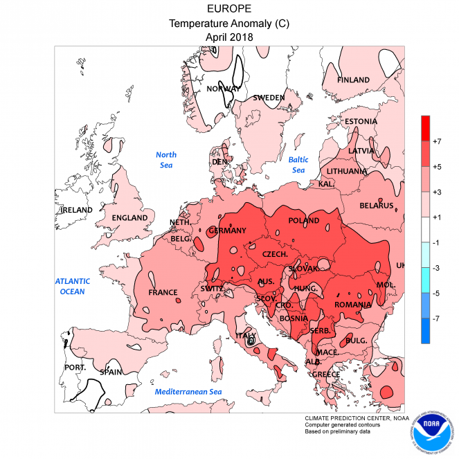 Anomalie di temperatura ad Aprile 2018 in Europa (fonte NOAA)