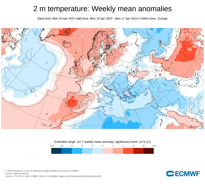 Anomalie di temperatura al suolo attese tra il 10 e il 17 Aprile (fonte ECMWF) 
