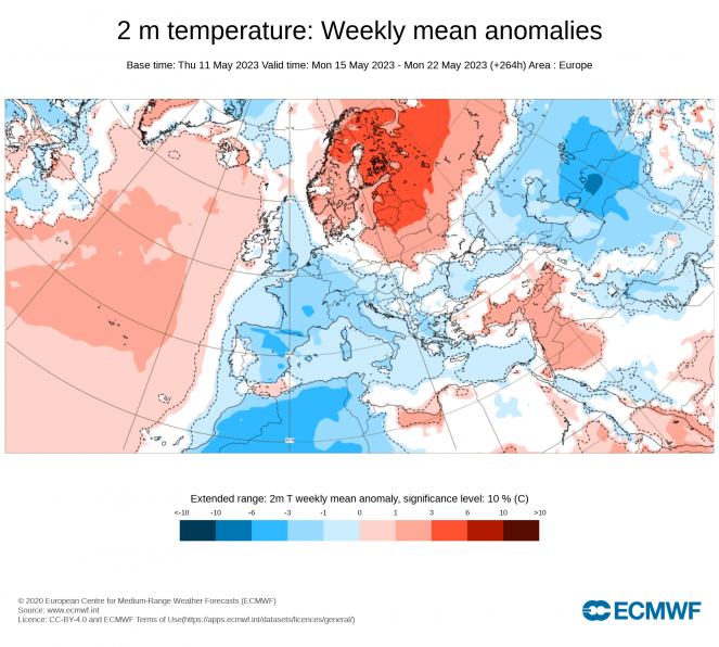 Anomalie di temperatura attese nel periodo 15-22 Maggio (fonte ECMWF)