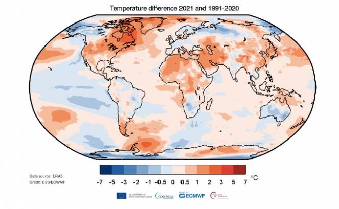 Anomalie di temperatura del 2021 rispetto alla media 1991-2020. Fonte: ERA5. Credits: Copernicus Climate Change Service/ECMWF 