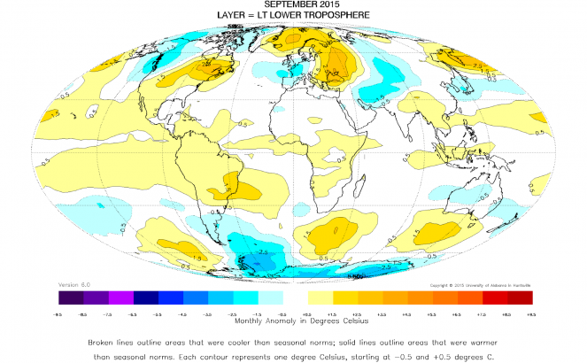 Anomalie di temperatura della bassa troposfera di Settembre 2015 (fonte UAH)