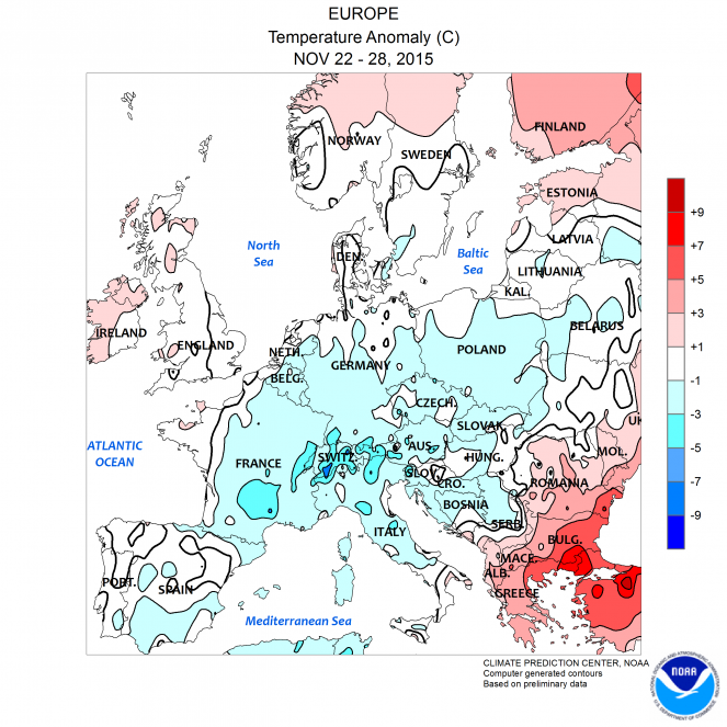 Anomalie di temperatura della settimana 20-22 Novembre (fonte NOAA)