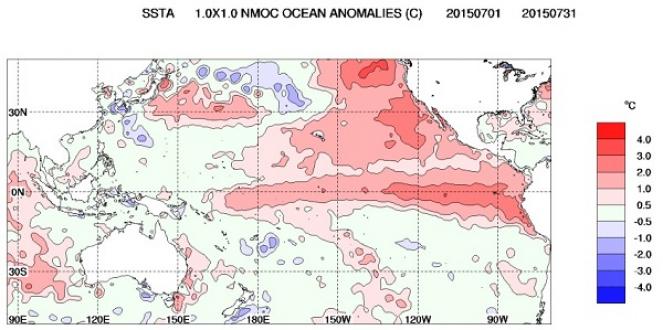 Anomalie di temperatura di oltre 2°C nel Pacifico equatoriale (fonte bom.gov.au) 
