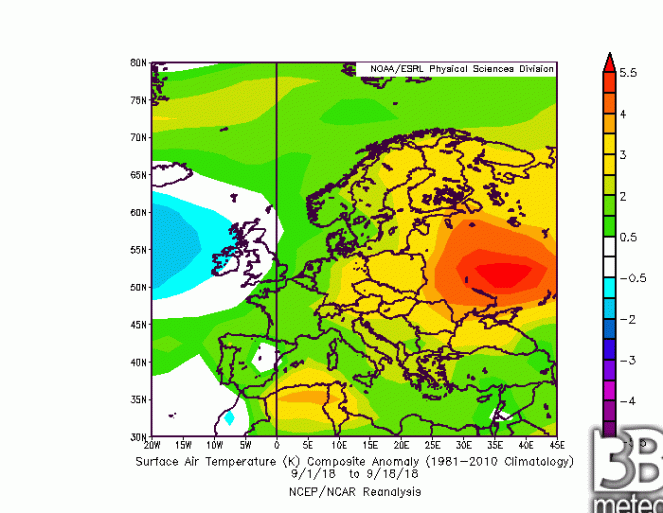 Anomalie di temperatura in Europa 1-18 settembre (fonte NOAA)