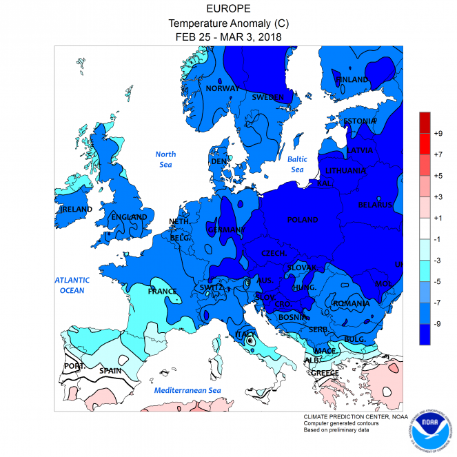 Anomalie di temperatura in Europa 25 Febbraio-3 Marzo 2018 (fonte NOAA)