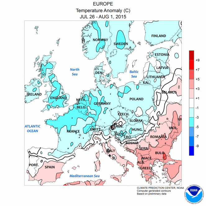 Anomalie di temperatura in Europa 26 Luglio-1 Agosto (fonte NOAA)