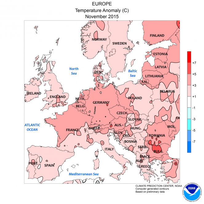 Anomalie di temperatura in Europa a Novembre 2015 (fonte NOAA)