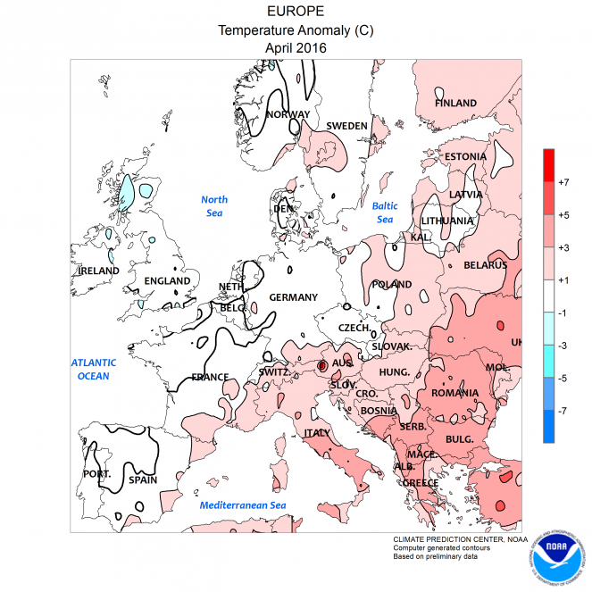 Anomalie di temperatura in Europa ad Aprile 2016 (fonte NOAA)
