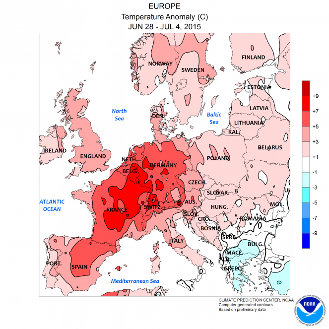Anomalie di temperatura in Europa nella settimana 28 Giugno-4 Luglio (fonte NOAA)