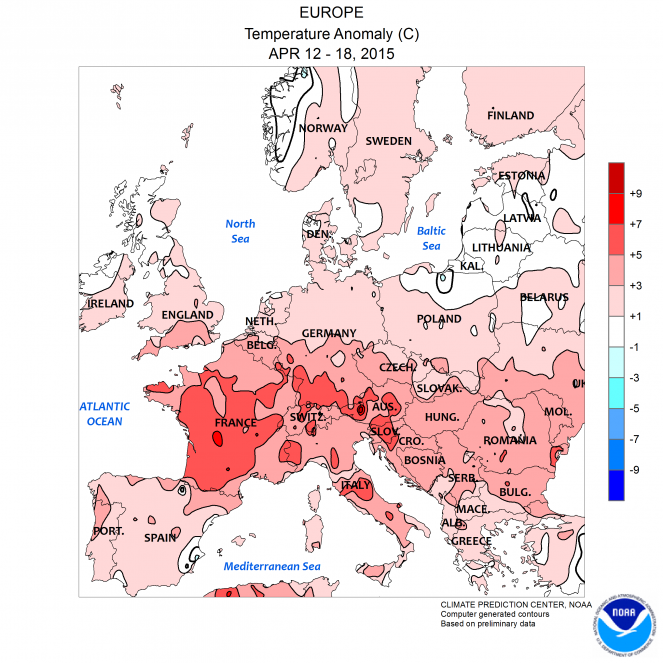 Anomalie di temperatura in Europa, settimana 12-18 Aprile (fonte NOAA)