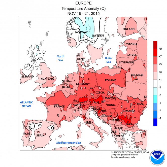 Anomalie di temperatura in Europa, settimana 15-21 Novembre (fonte NOAA)
