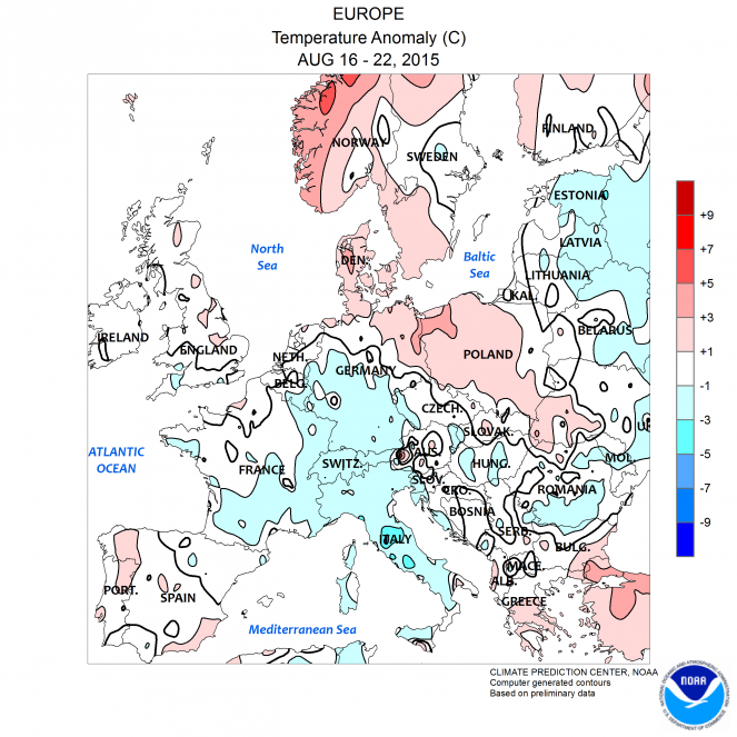 Anomalie di temperatura in Europa (settimana 16-22 Agosto)