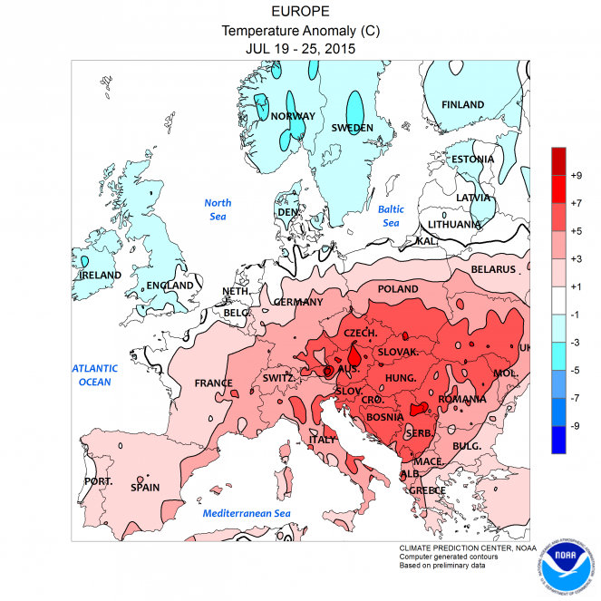 Anomalie di temperatura in Europa settimana 19-25 Luglio (fonte NOAA)