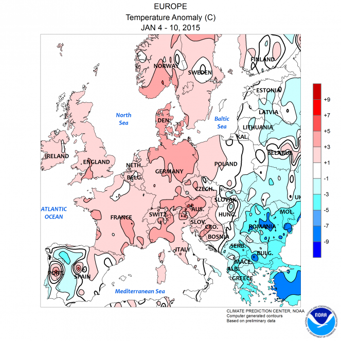 Anomalie di temperatura in Europa, settimana 4-10 Gennaio 2015 (fonte NOAA)