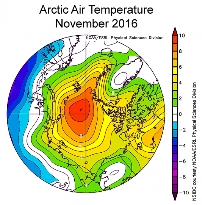 Anomalie di temperatura nel mese di Novembre 2016 intorno al Polo Nord (fonte NOAA)
