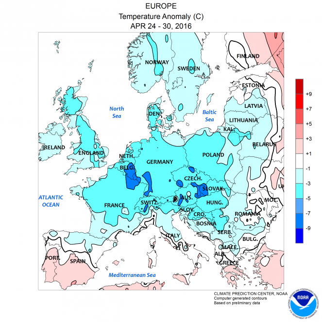 Anomalie di temperatura nella settimana 24-30 Aprile 2016 in Europa (fonte NOAA)