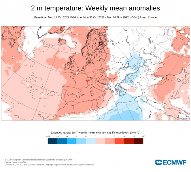 Anomalie di temperatura periodo 1-7 Novembre (fonte ECMWF)
