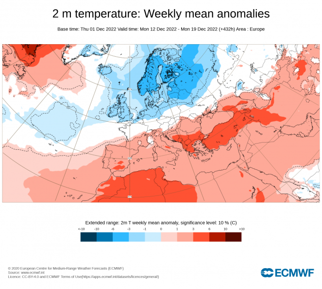Anomalie di temperatura periodo 12-19 dicembre