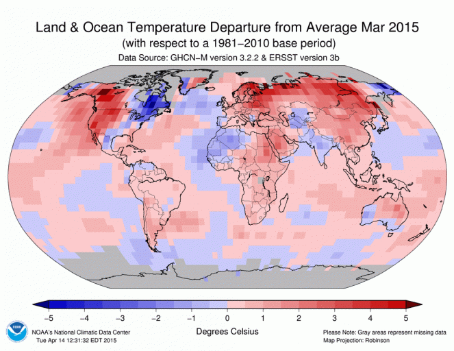 Anomalie di temperatura rispetto alla media - Marzo 2015