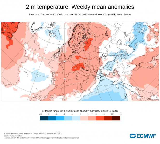 Anomalie di temperatura settimana 1-7 Novembre (fonte ECMWF)