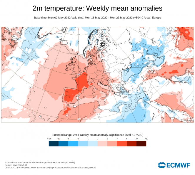 Anomalie di temperatura settimana 16-22 maggio