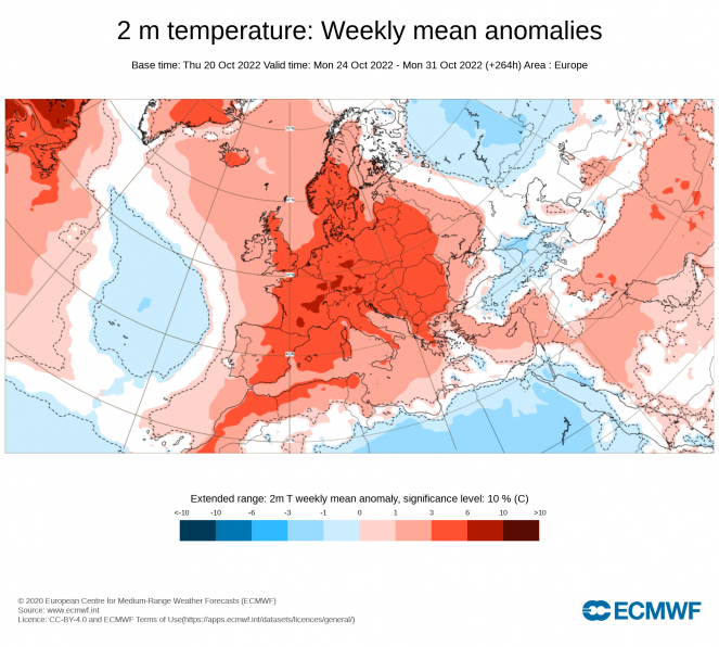 Anomalie di temperatura settimana 24-31 Ottobre (fonte ECMWF)