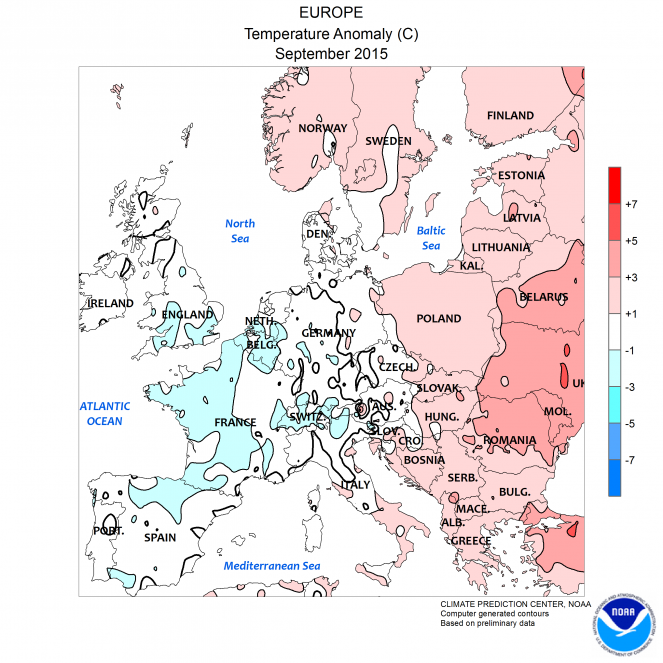 Anomalie di temperatura superficiali in Europa a Settembre 2015 (fonte NOAA)