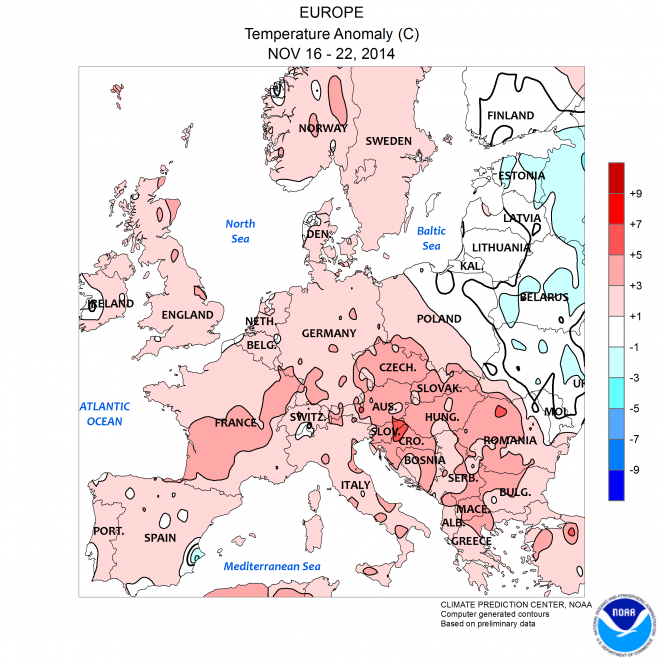 Anomalie di temperature 16-22 Novembre in Europa (fonte NOAA)