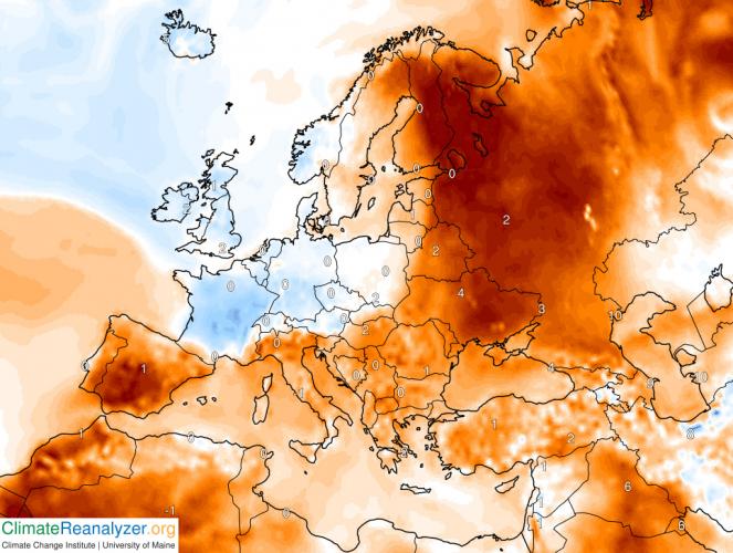 Anomalie di temperature oggi sull'Europa