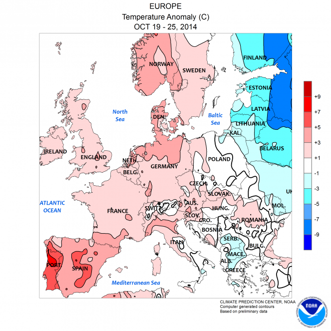 Anomalie Europa settimana 19-25 Ottobre (fonte NOAA)