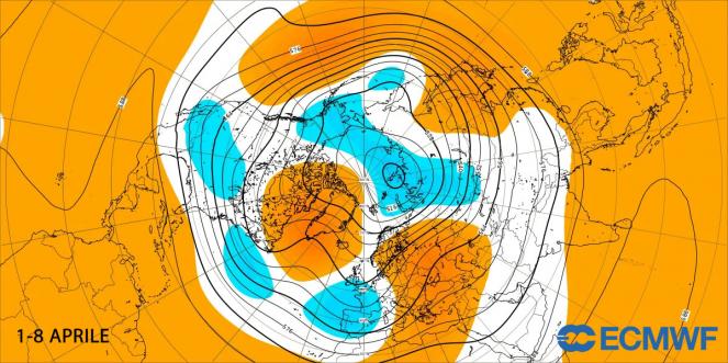anomalie geopotenziale a 500 hPa 1-8 aprile secondo ecmwf