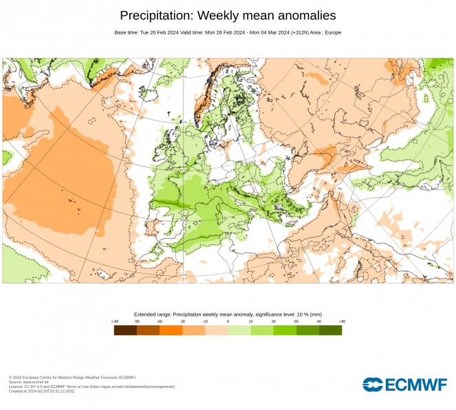 anomalie piogge secondo Ecmwf