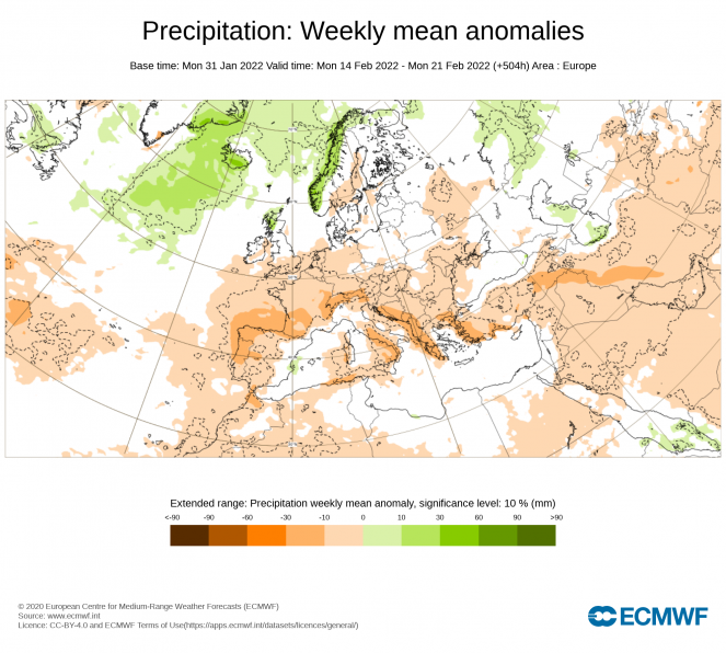 anomalie precipitazioni attese dal modello Ecmwf