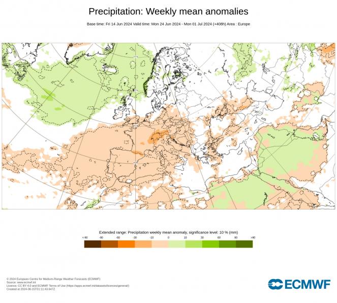 anomalie precipitazioni per fine mese secondo Ecmwf