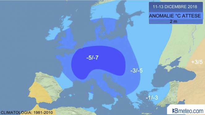 anomalie temperature a 2m previste dopo il 10 dicembre in Europa