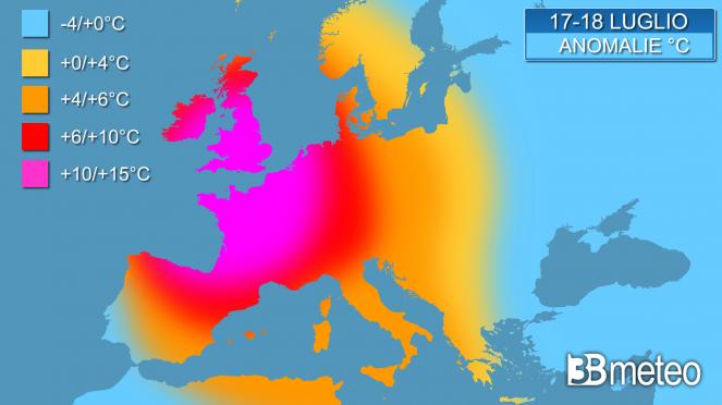 Anomalie termiche Europa tra il 17 e il 18 luglio